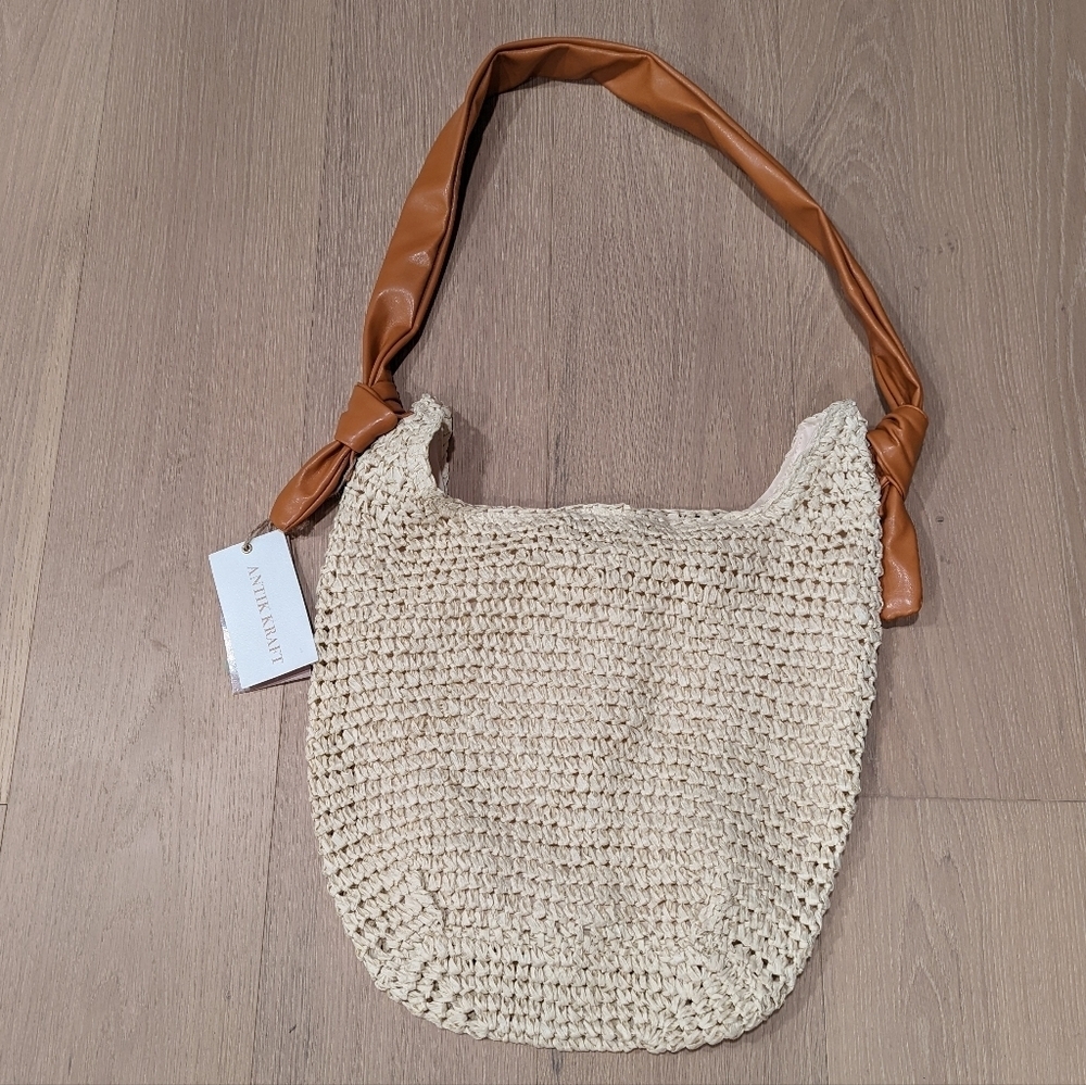 Taffeta Beige Tote Bag with dark Tan faux leather Strap